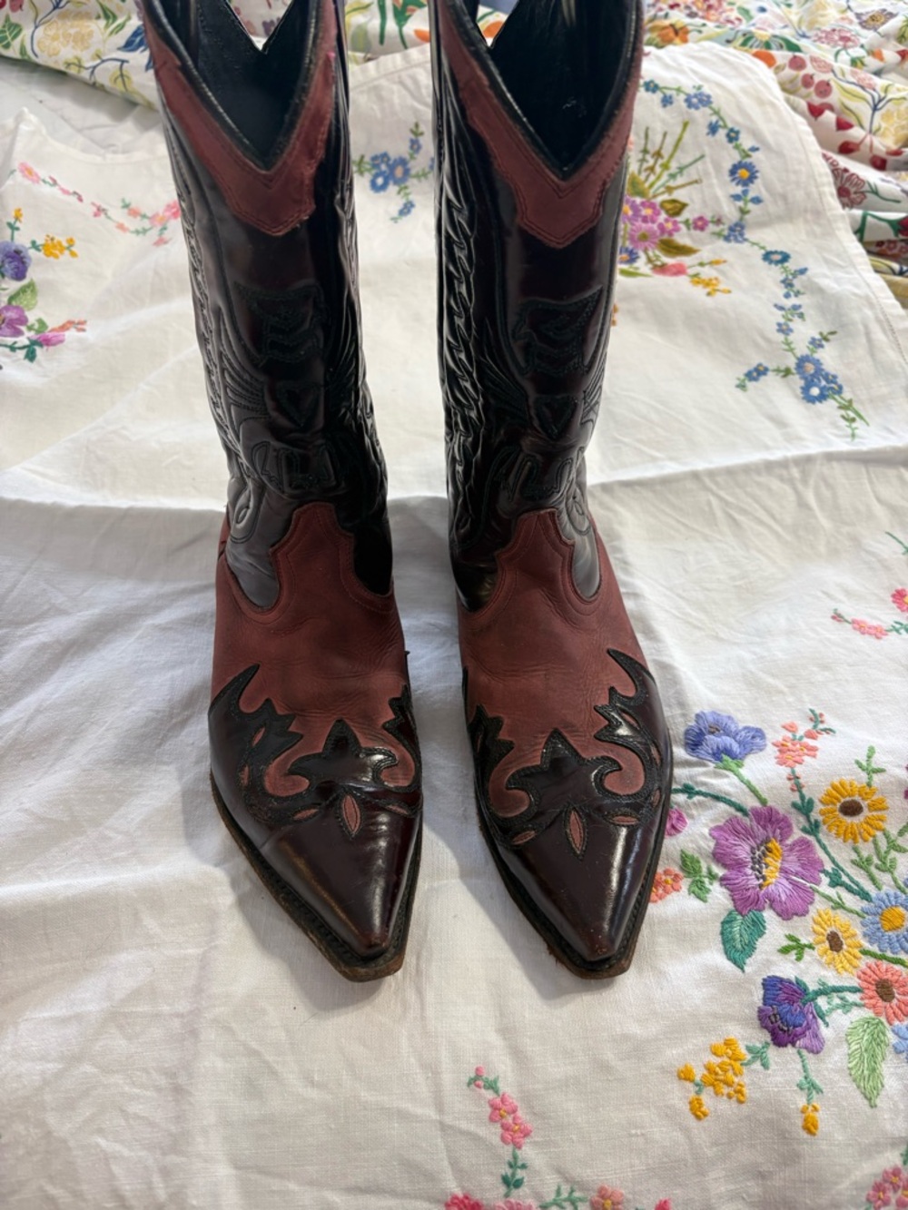 Sandeigo Boots Burgundy two tone leather cowboy boots 
Size 7.5